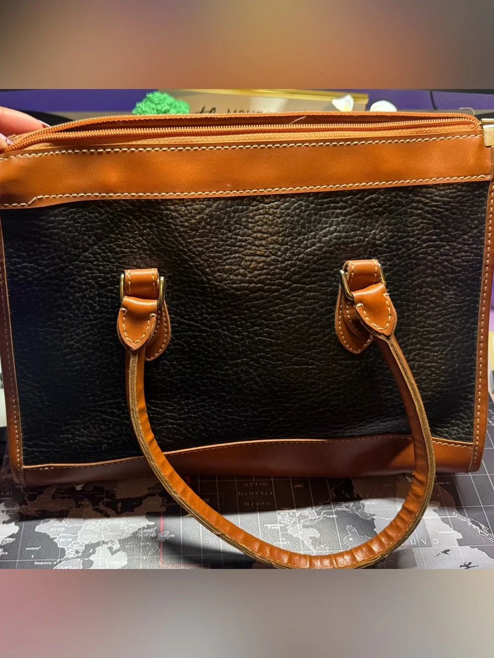 Vintage Dooney & Bourke Black with Tan Trim Leather satchel